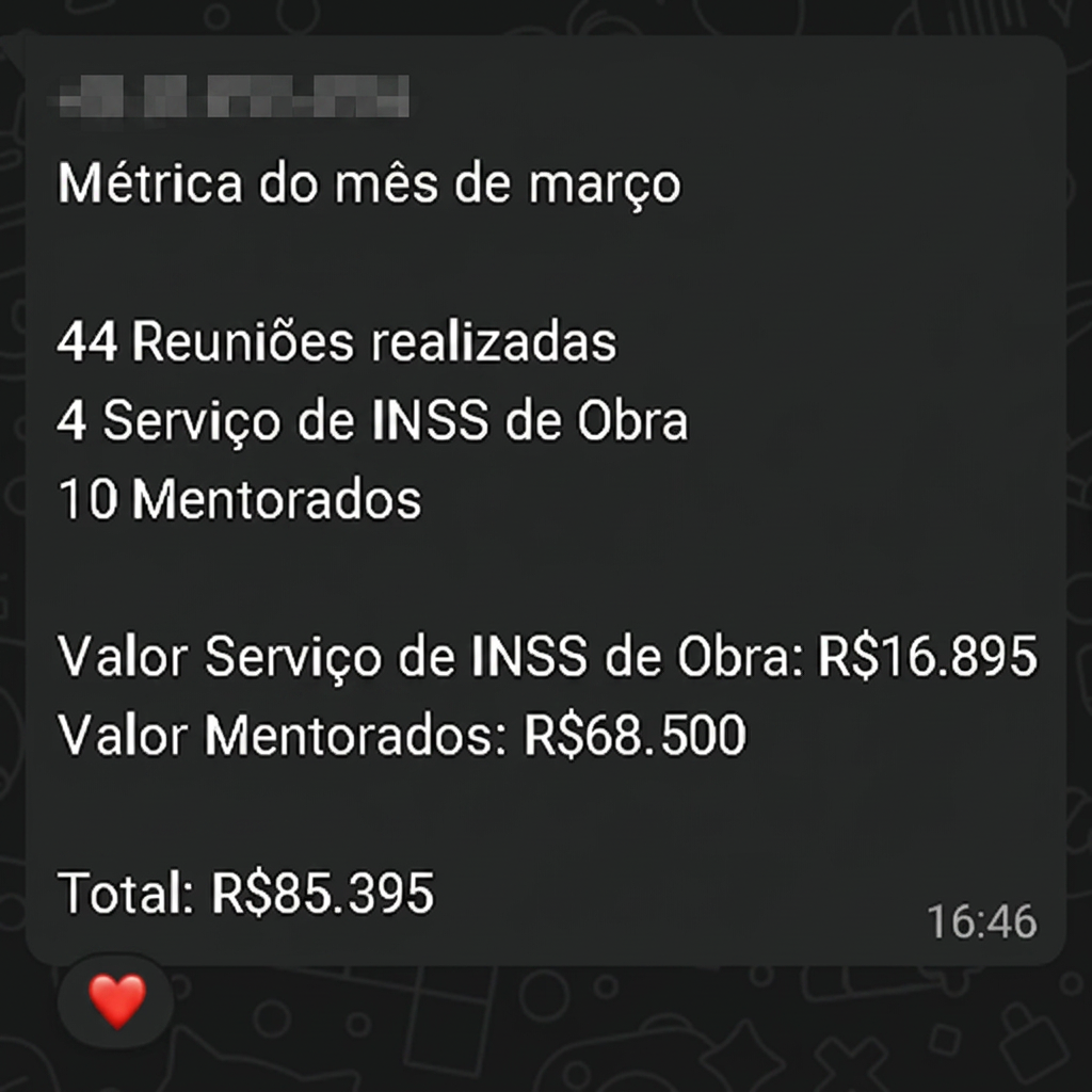 Print de WhatsApp de cliente mostrando métrica do mês: 44 reuniões, R$ 85.395 em receita total